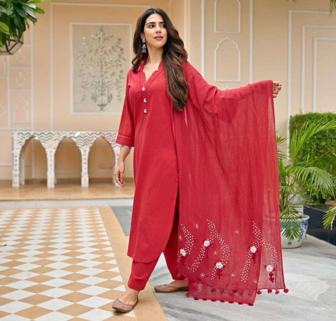 Red Designer Rayon Straight Kurti With pant and dupatta