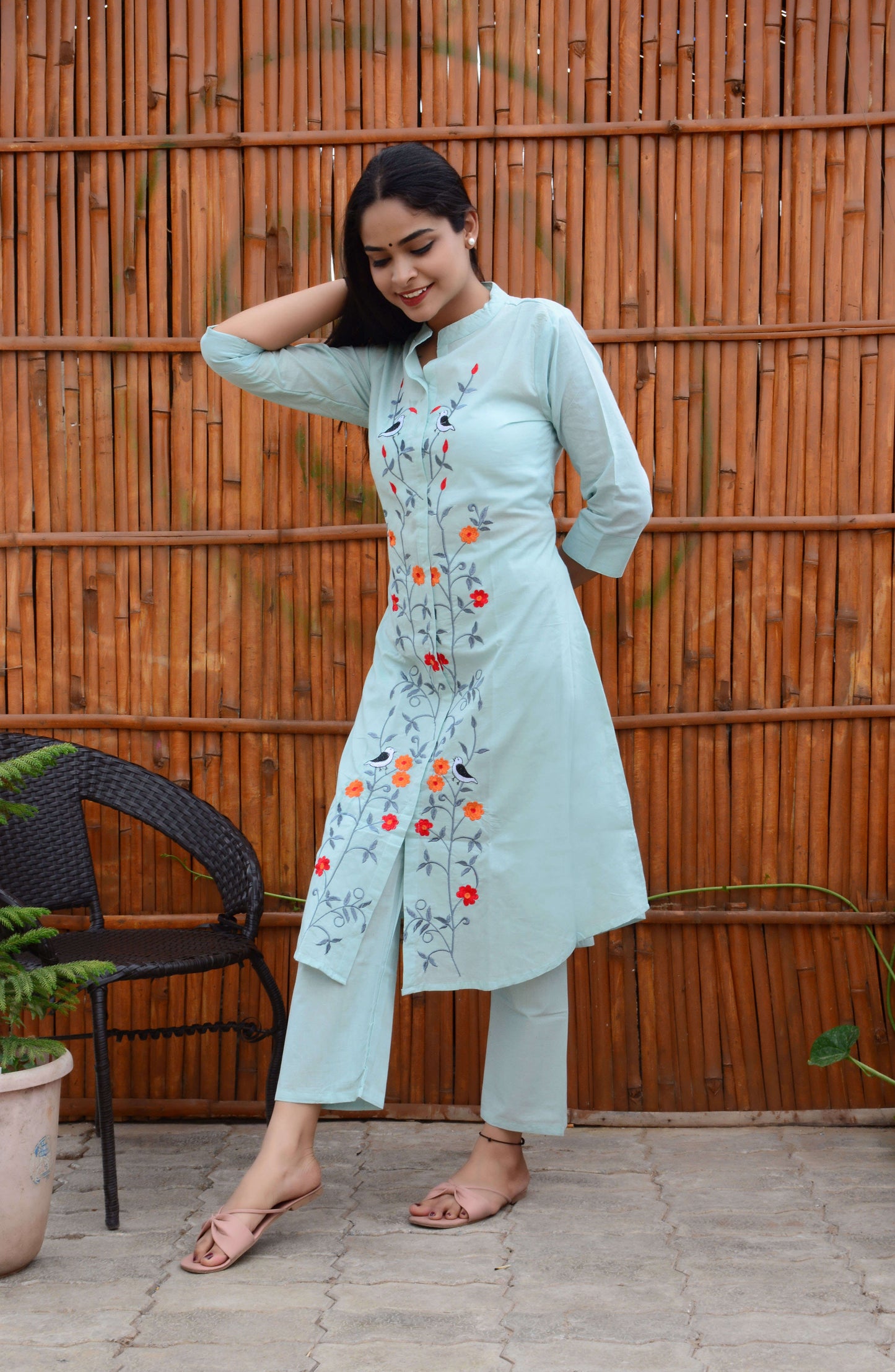 A-line Kurti With Embroidery Work and Pant Set