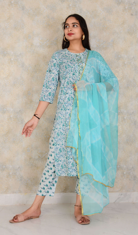 Beautiful Cotton Blue Embroidery Work Kurti Pant and Dupatta Suit Set