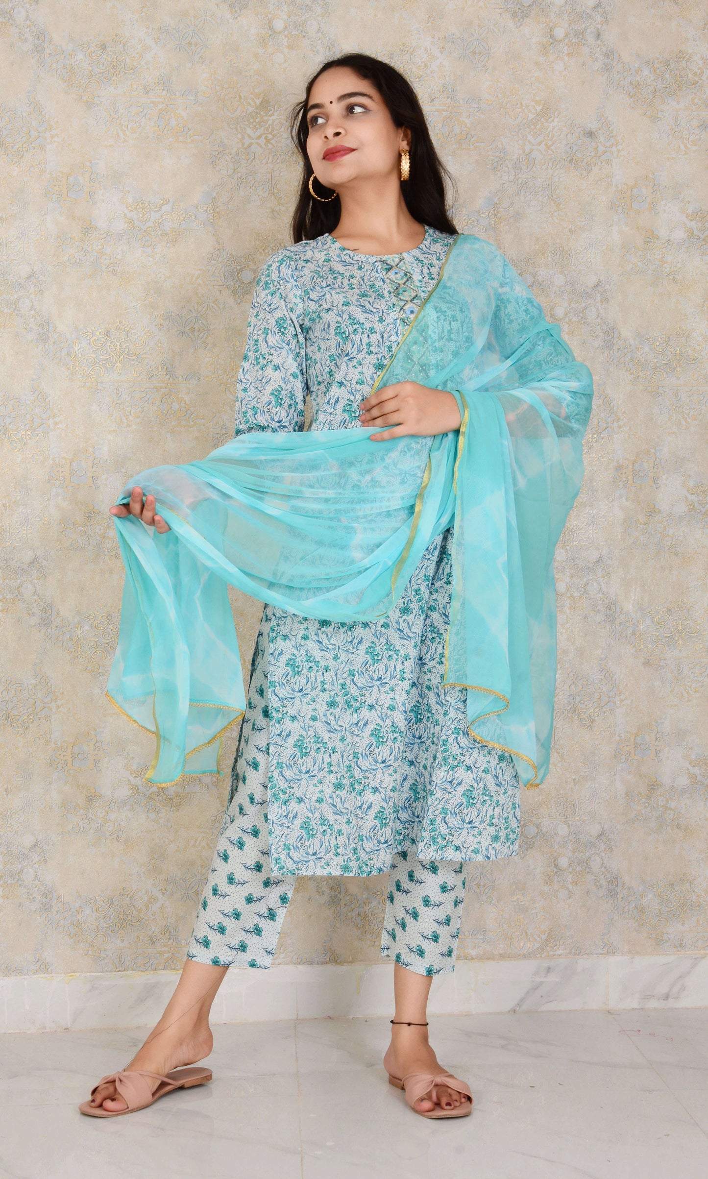 Beautiful Cotton Blue Embroidery Work Kurti Pant and Dupatta Suit Set