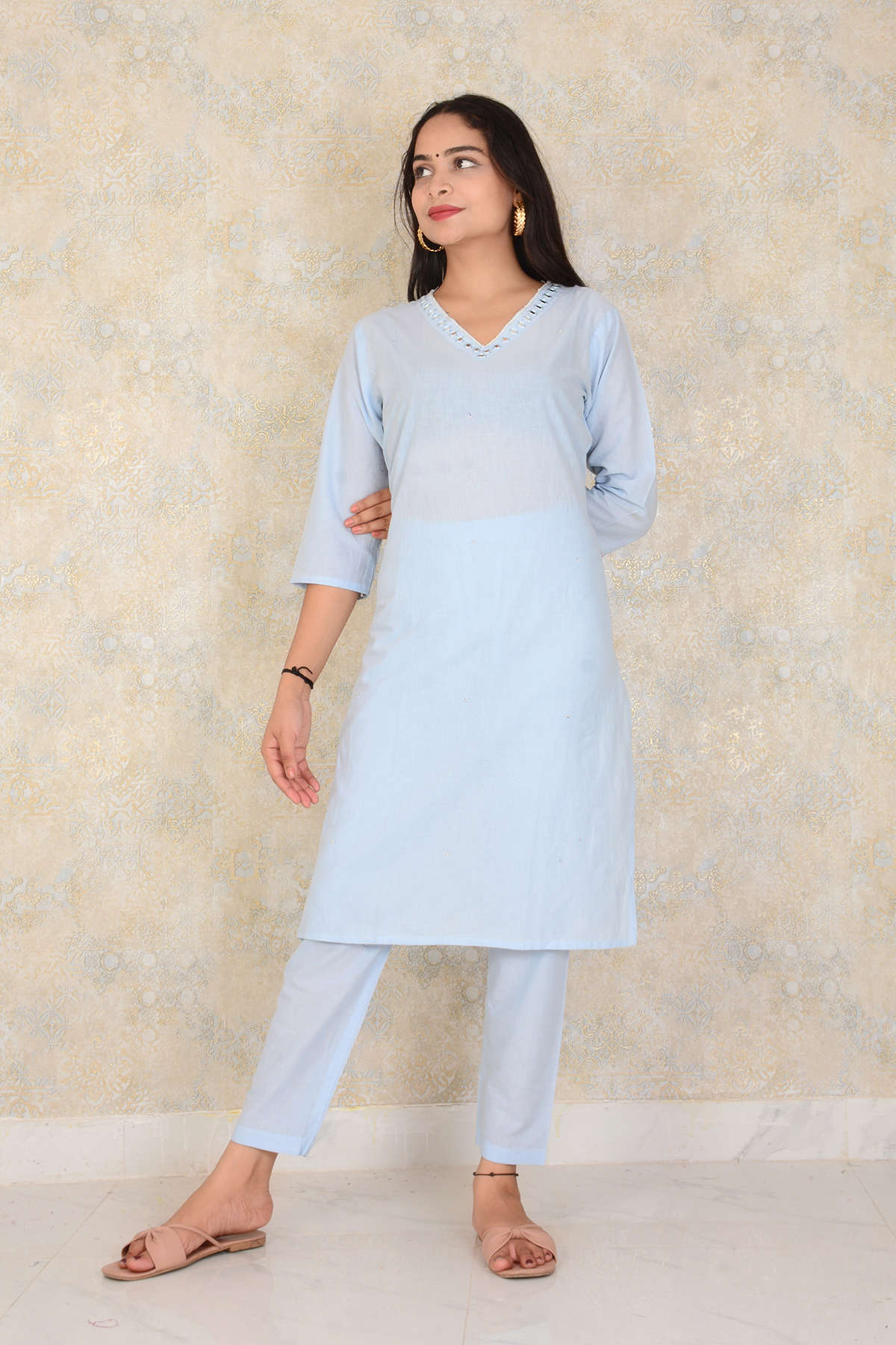 Beautiful Cotton Fabric Straight Kurti With Mirror Embroidery Work and Pant Set