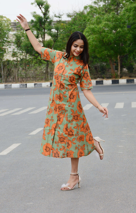 Beautiful Orange Cotton Fabric A-line Kurti Dress (Pack of 1)