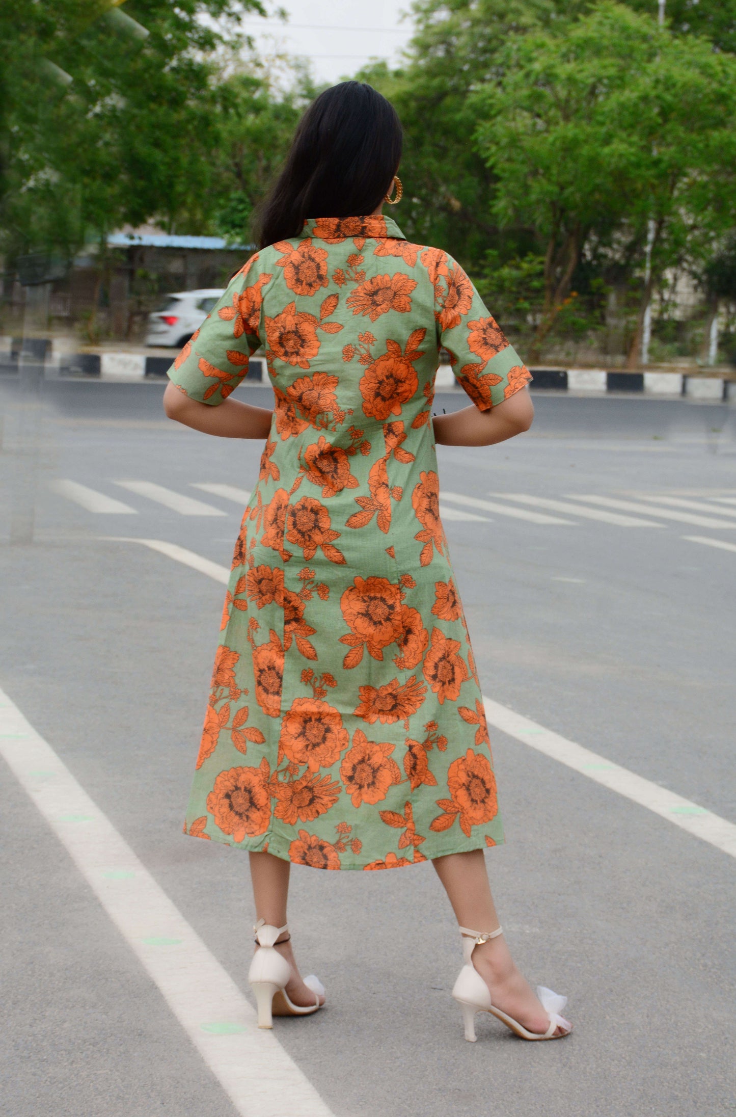 Beautiful Orange Cotton Fabric A-line Kurti Dress (Pack of 1)