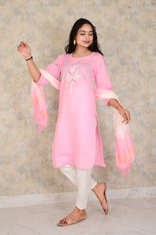 Beautiful Rayon Fabric Embroidery Work Pink Kurti Pant & Dupatta Set