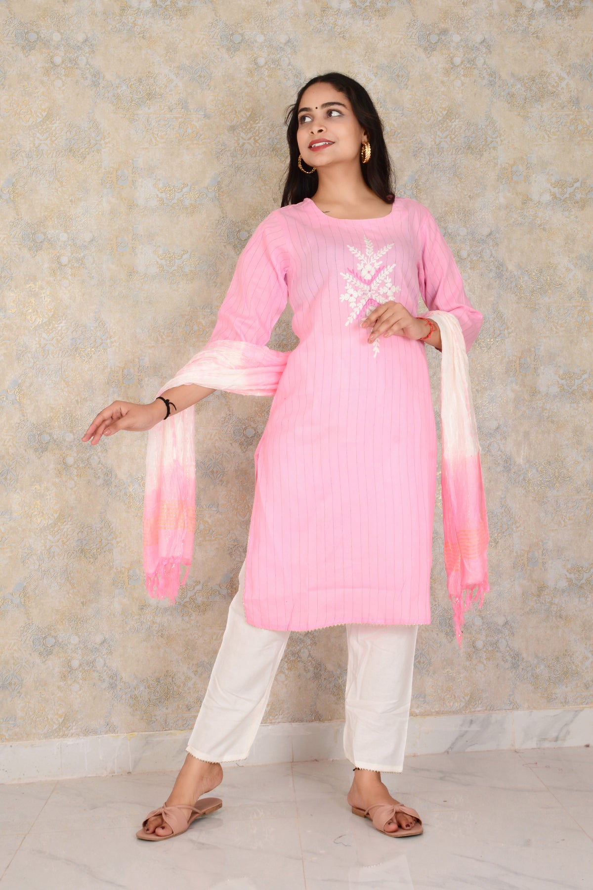 Beautiful Rayon Fabric Embroidery Work Pink Kurti Pant & Dupatta Set
