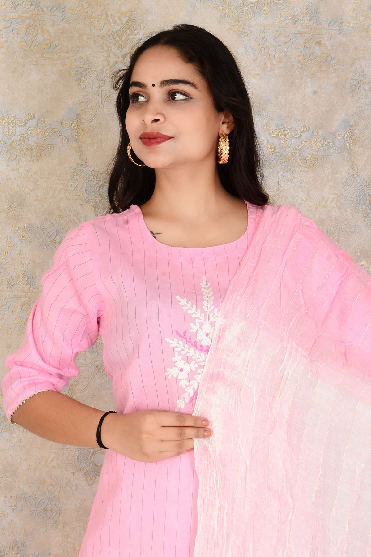 Beautiful Rayon Fabric Embroidery Work Pink Kurti Pant & Dupatta Set