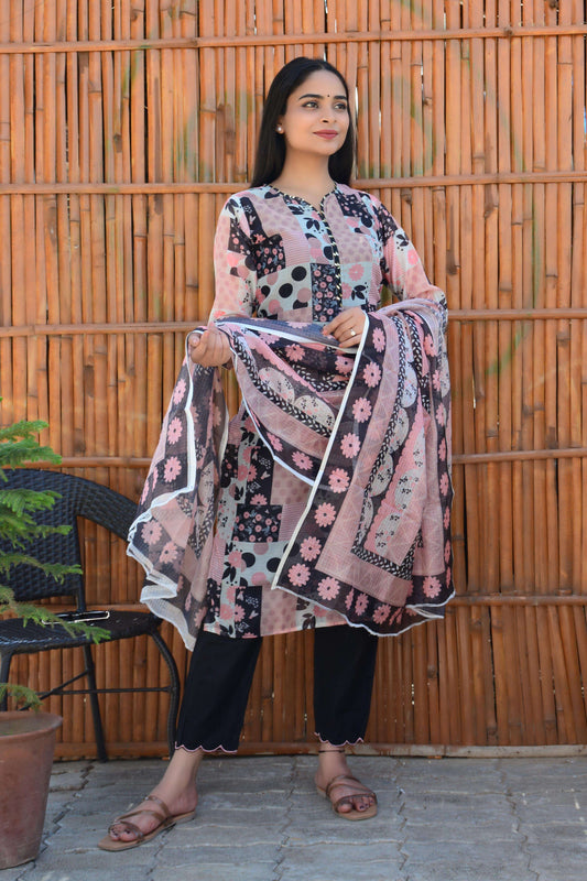 Chanderi Printed Straight Kurti Cotton Pant and Dupatta Set