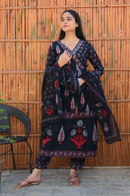 Cotton Black Printed Anarkali Kurti Pant And Dupatta Set