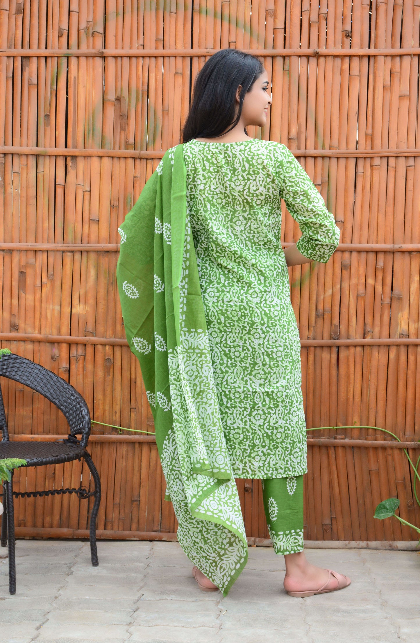 Cotton Green Printed Kurti Pant and Dupatta Set
