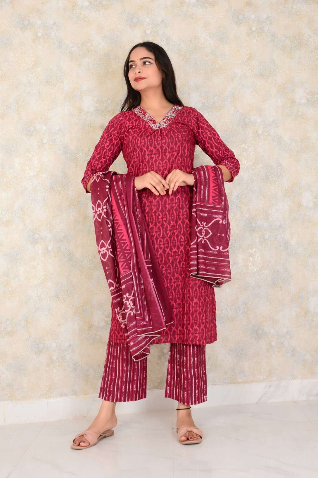 Cotton Printed Straight KurtiWith Embroidery Work Pant And Dupatta Set