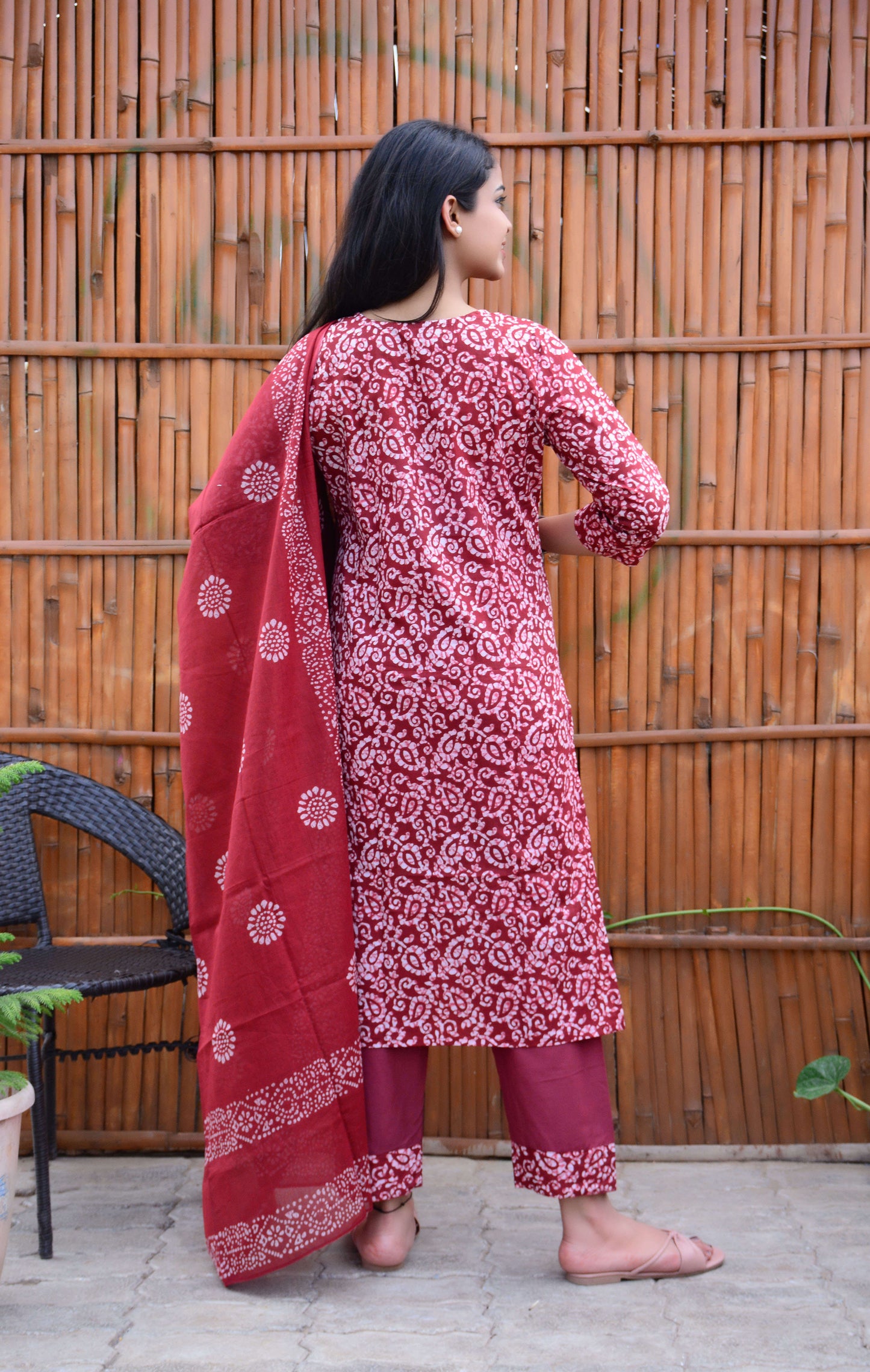 Cotton Red Printed Kurti Pant and Dupatta Set