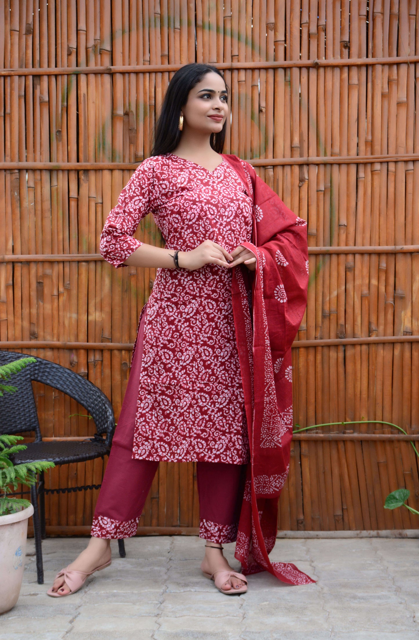 Cotton Red Printed Kurti Pant and Dupatta Set