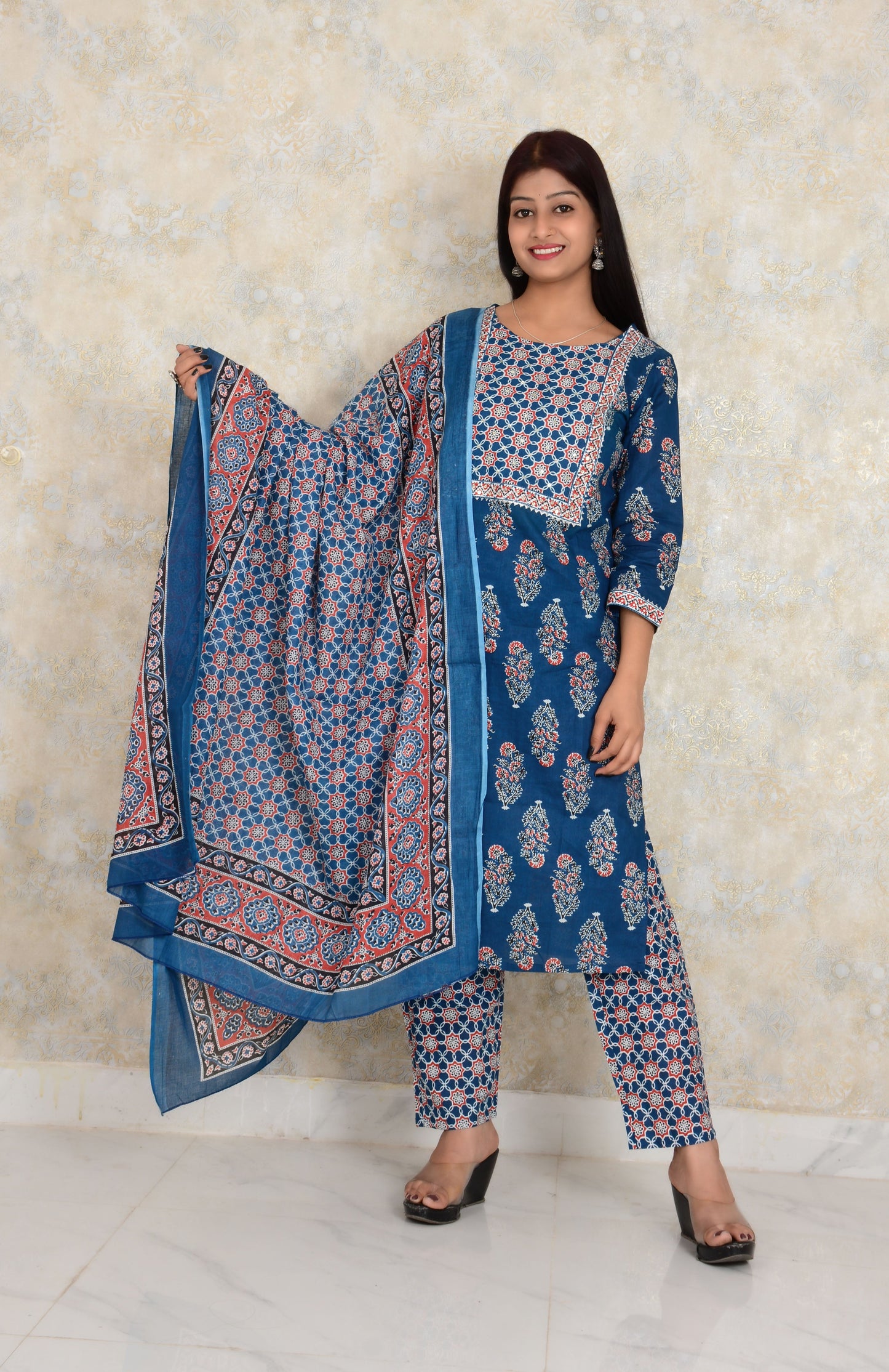 Blue Embroidery Cotton Kurti Pant with Dupatta Set