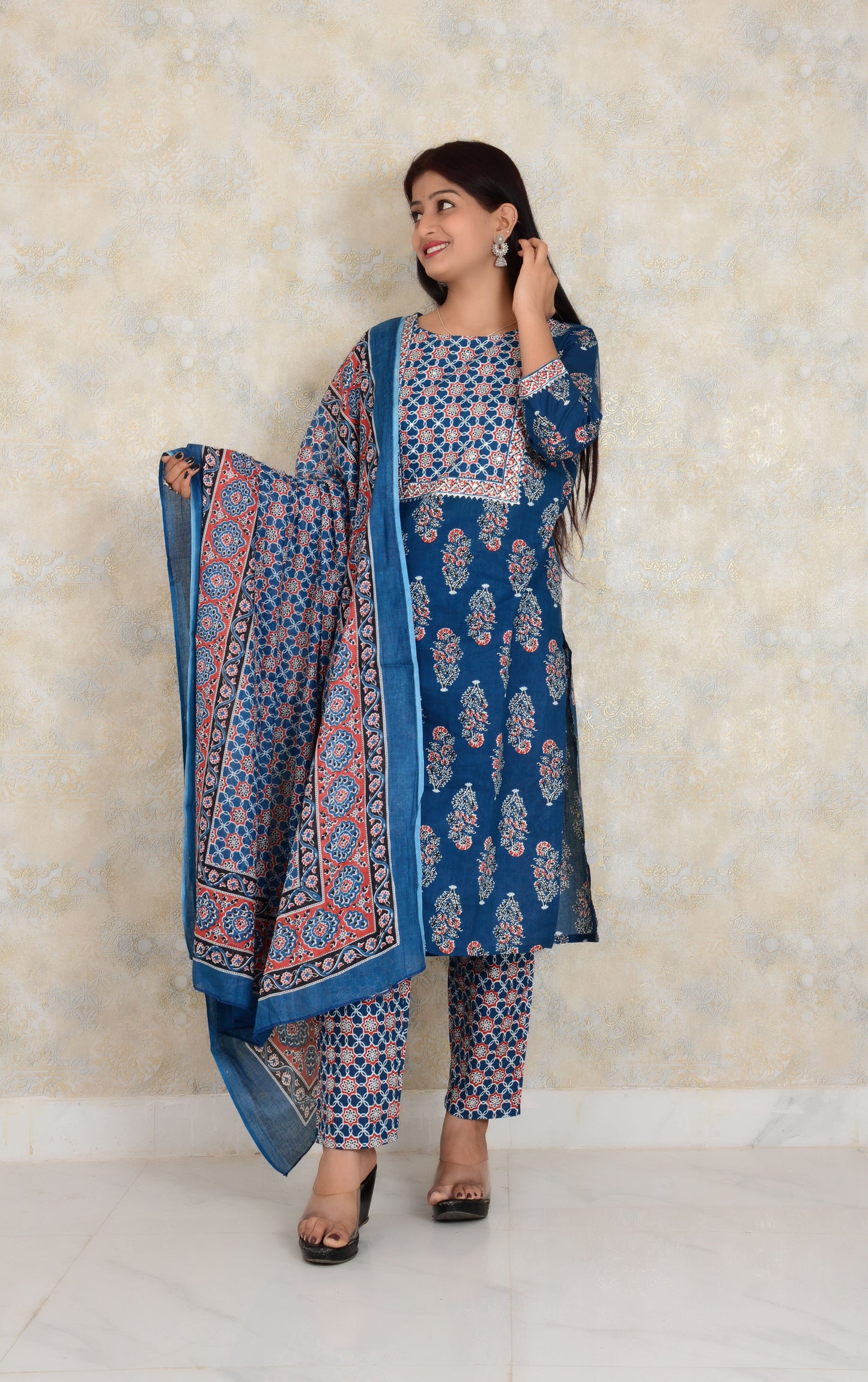 Blue Embroidery Cotton Kurti Pant with Dupatta Set
