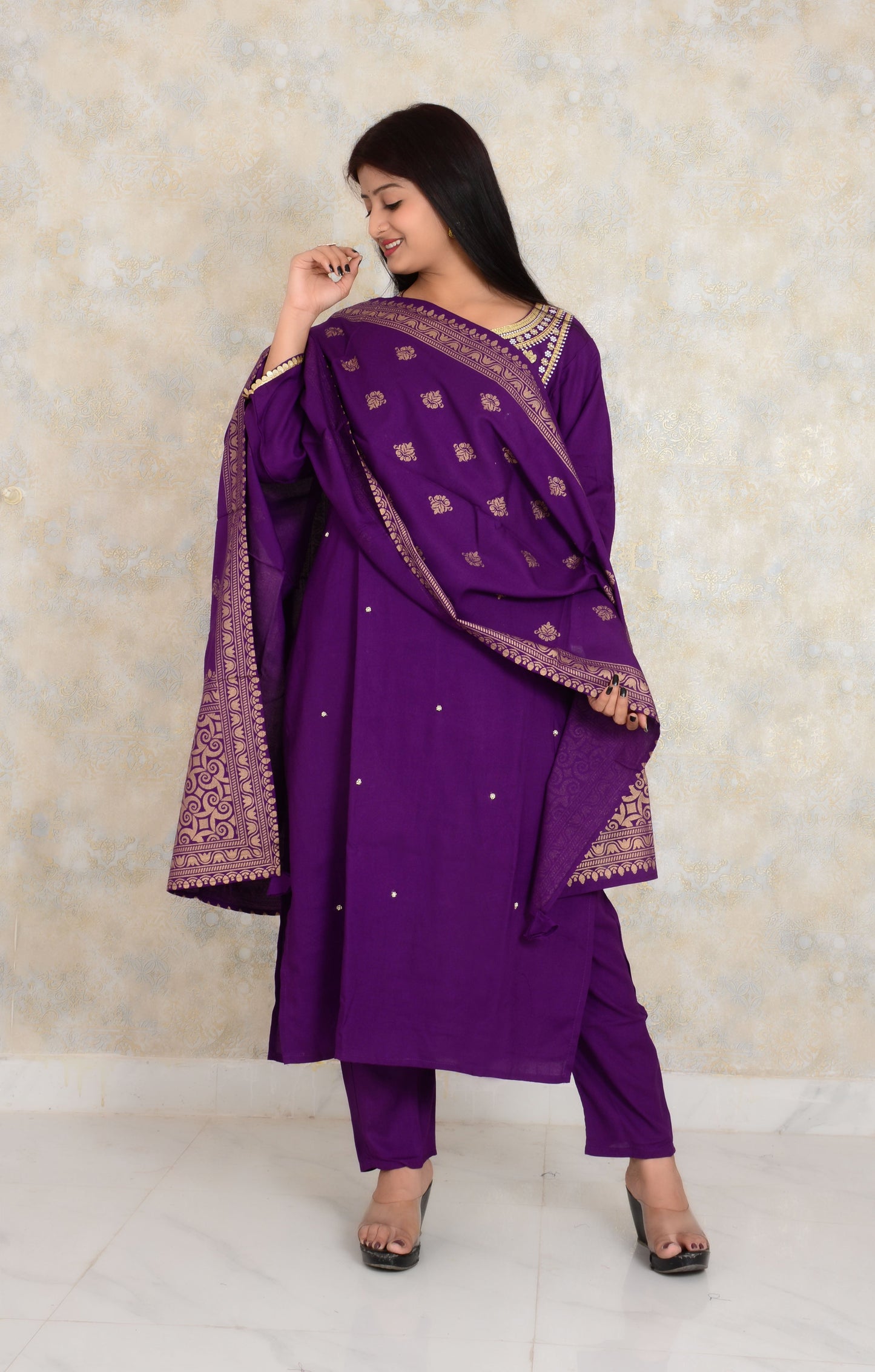 Purple Embroidery Work Printed Rayon Kurti and Pant with Dupatta Set