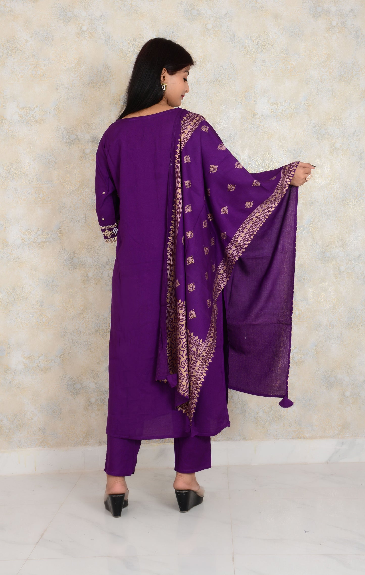 Purple Embroidery Work Rayon Kurti And Pant With Dupatta Set