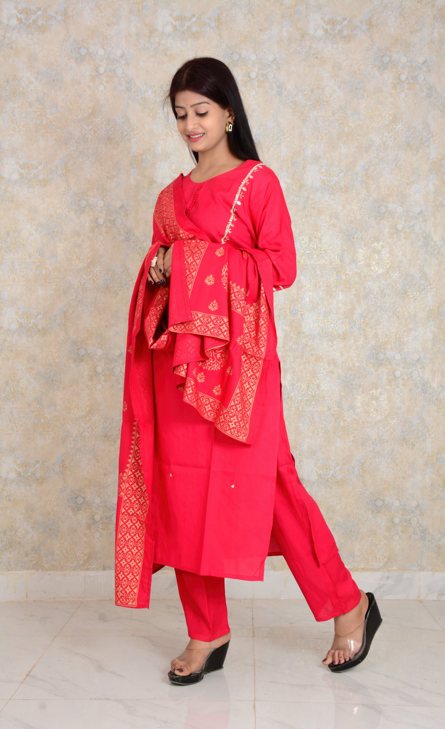 Red Embroidery Work Rayon Kurti And Pant With Printed Dupatta Set