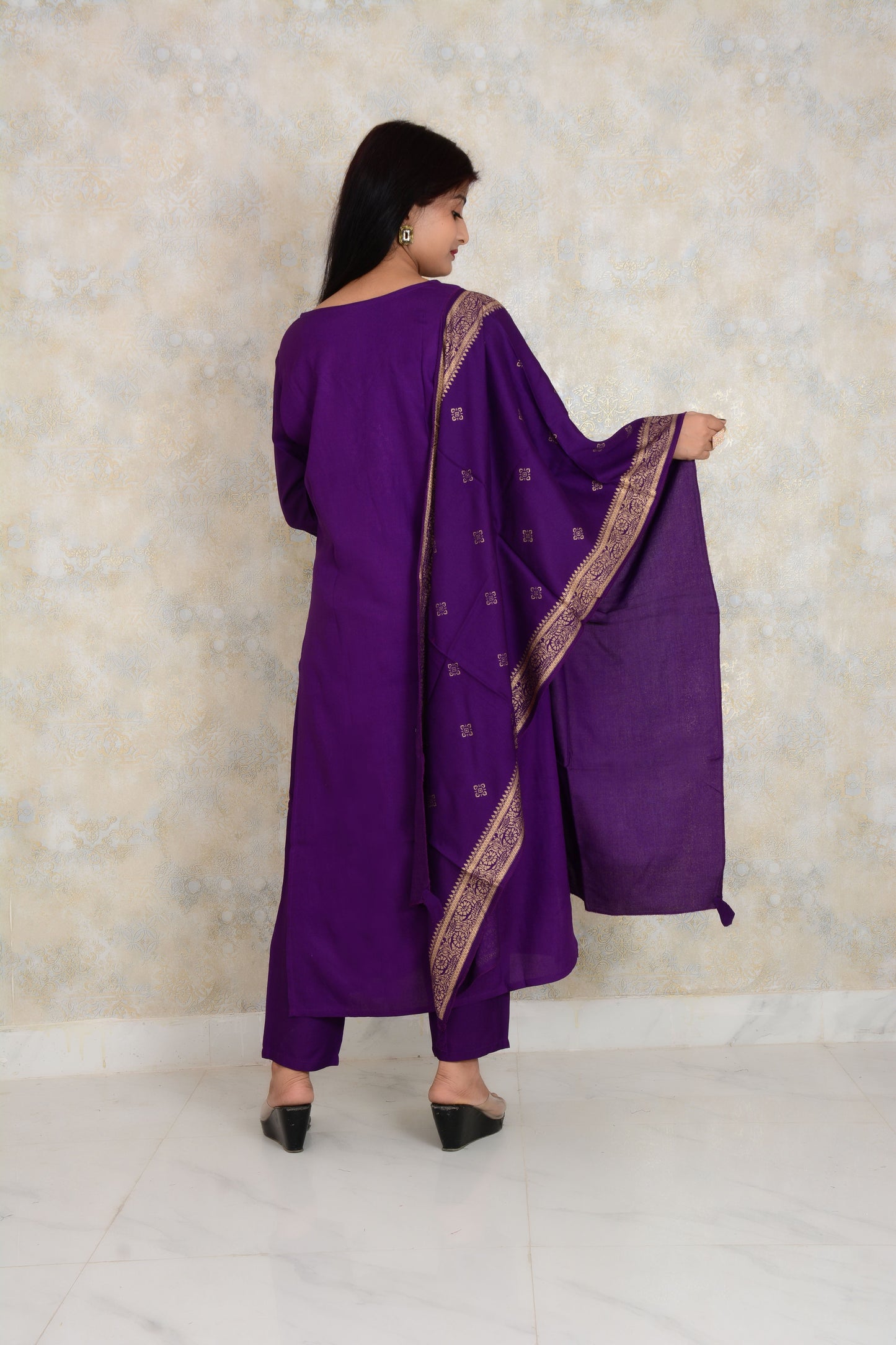 Purple Embroidery Work Rayon Kurti And Pant With Dupatta Set