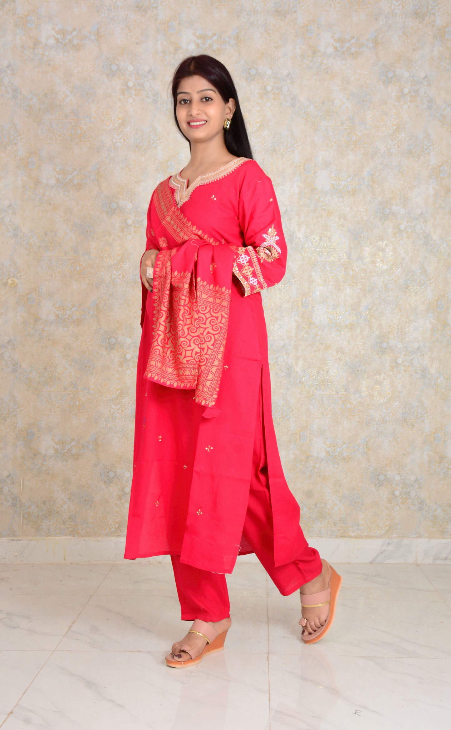Red Embroidery Work Rayon Kurti And Pant With Printed Dupatta Set