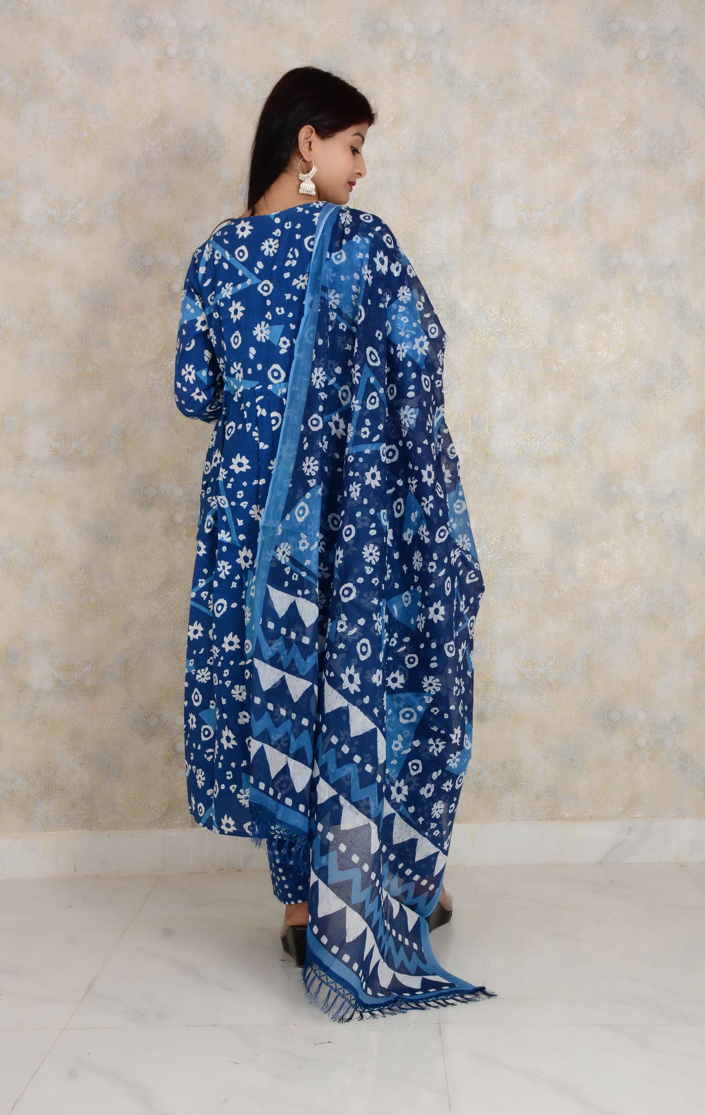 Blue Embroidery Work Anarkali Rayon Kurti And Pant With Dupatta Set