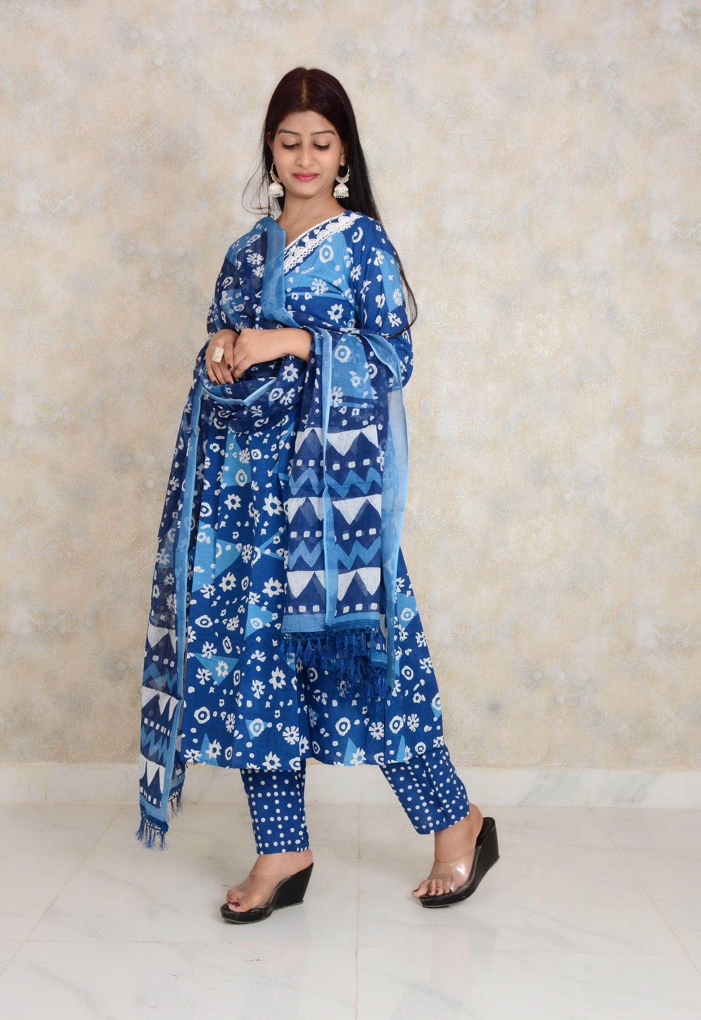 Blue Embroidery Work Anarkali Rayon Kurti And Pant With Dupatta Set