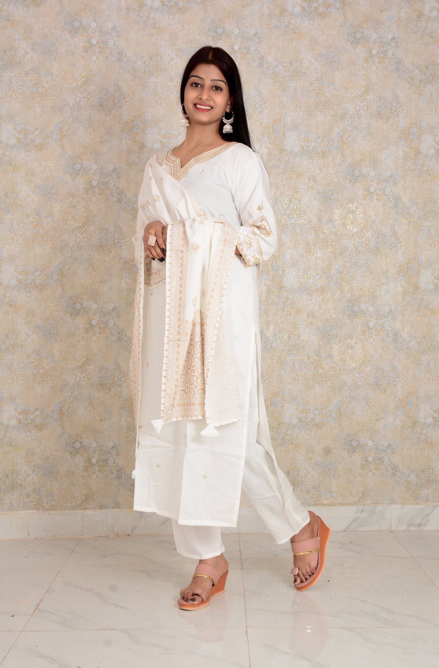 White Embroidery Work Rayon Kurti And Pant With Printed Dupatta Set