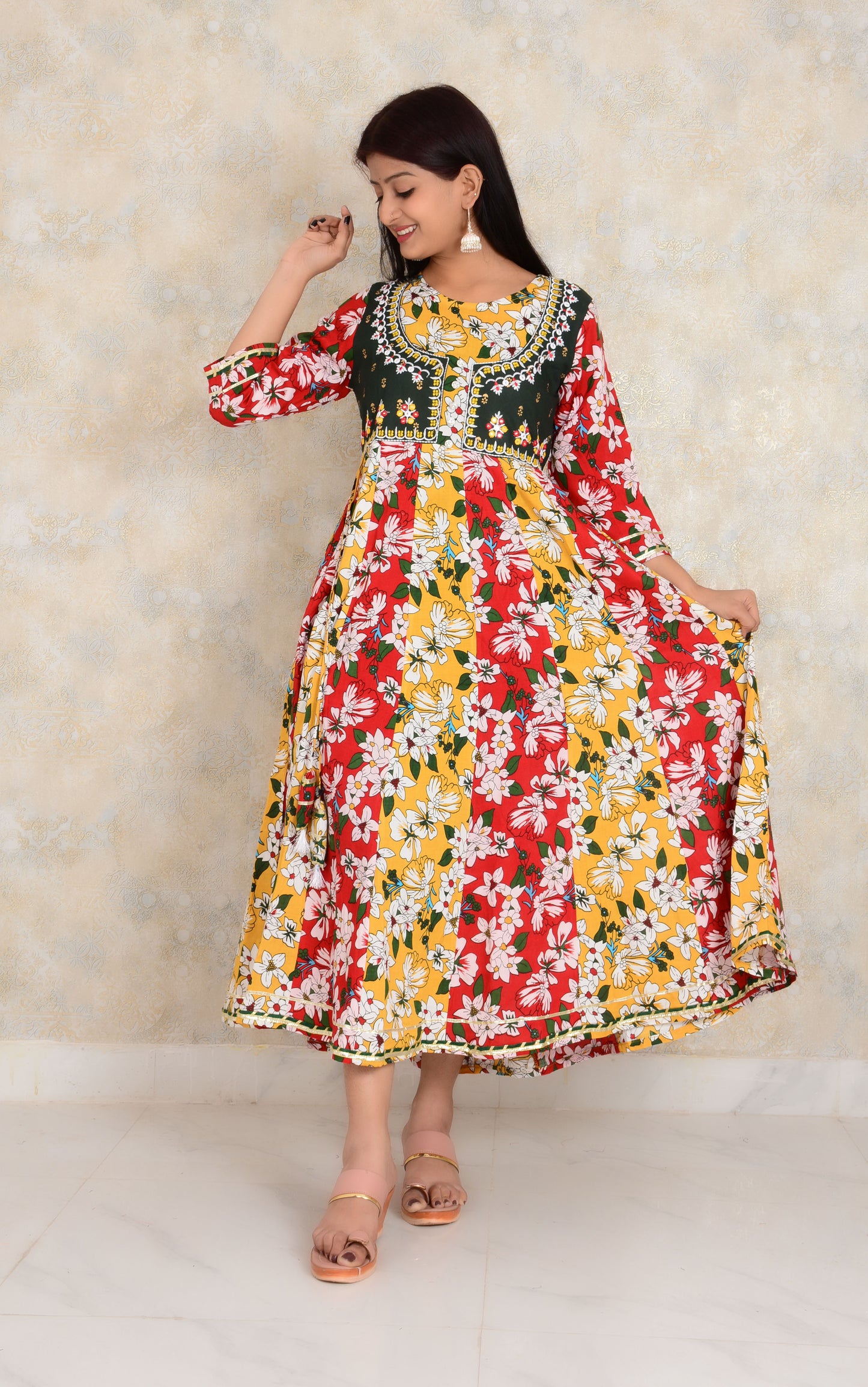 Multicolour Embroidery Work Rayon Anarkali Printed Single Gown