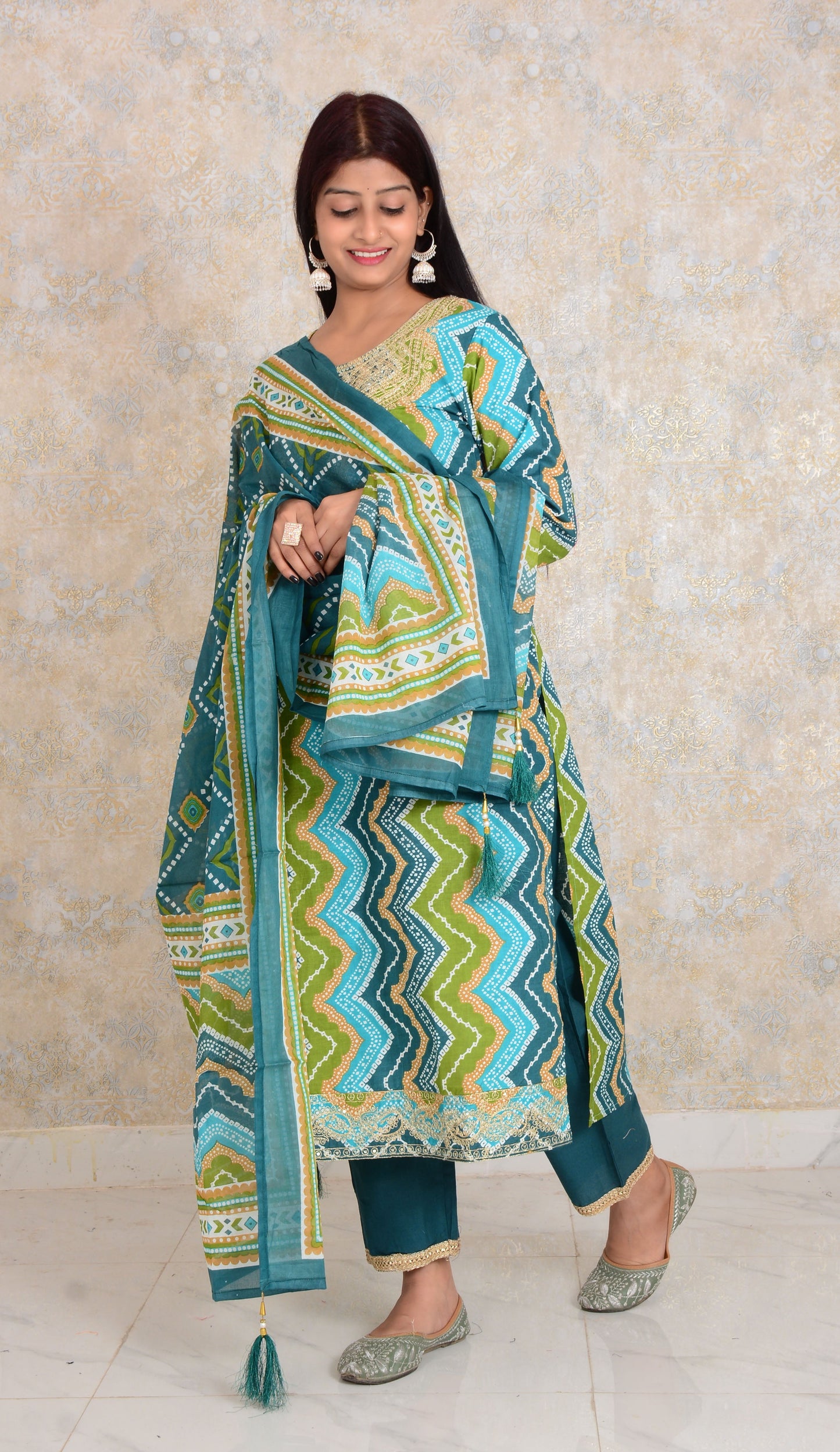 Green Printed Cotton Embroidery Work Straight Kurti And Pant with Cotton Dupatta Set