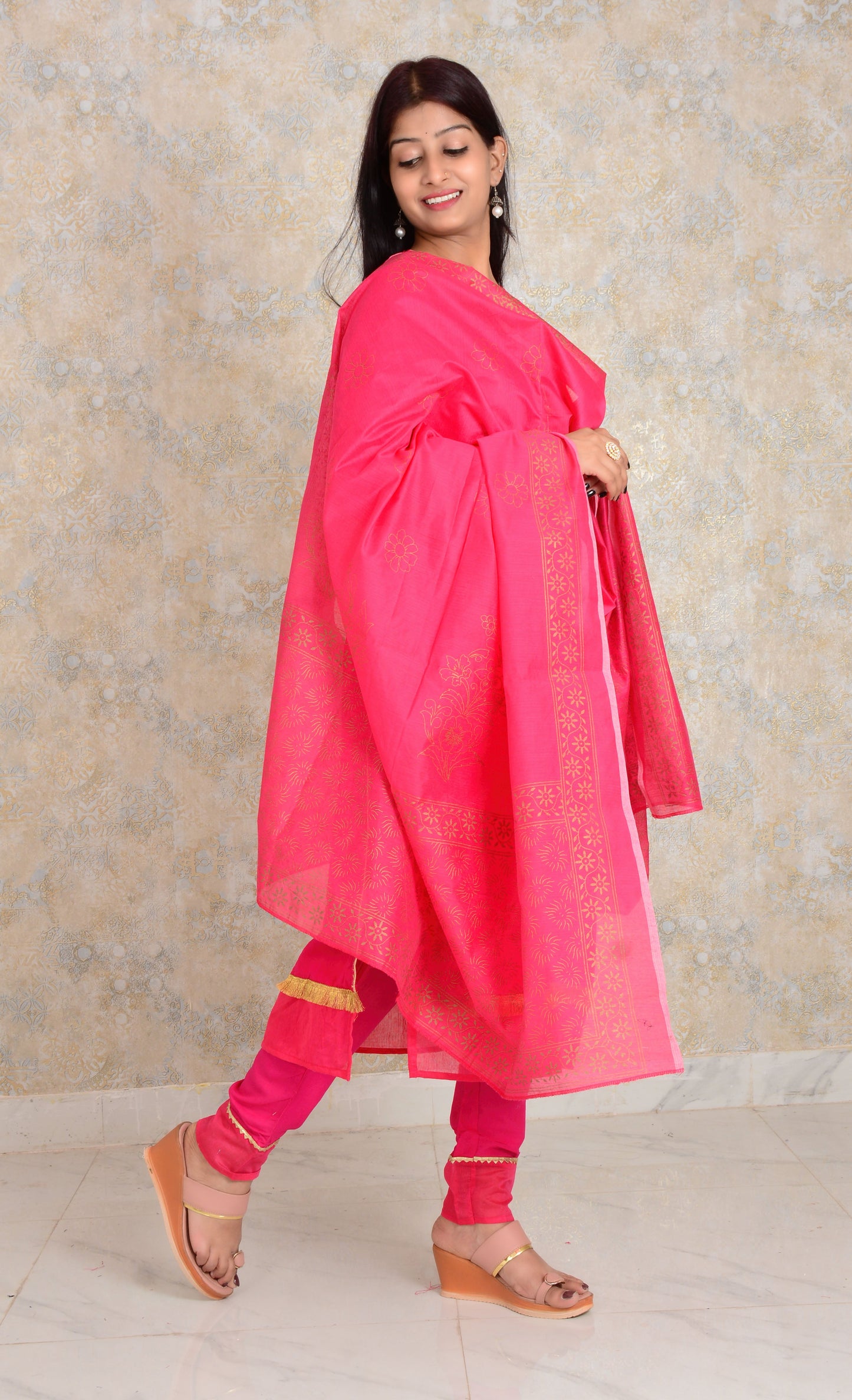 Pink Rayon Fabric Straight Kurti And Pant With Dupatta Set