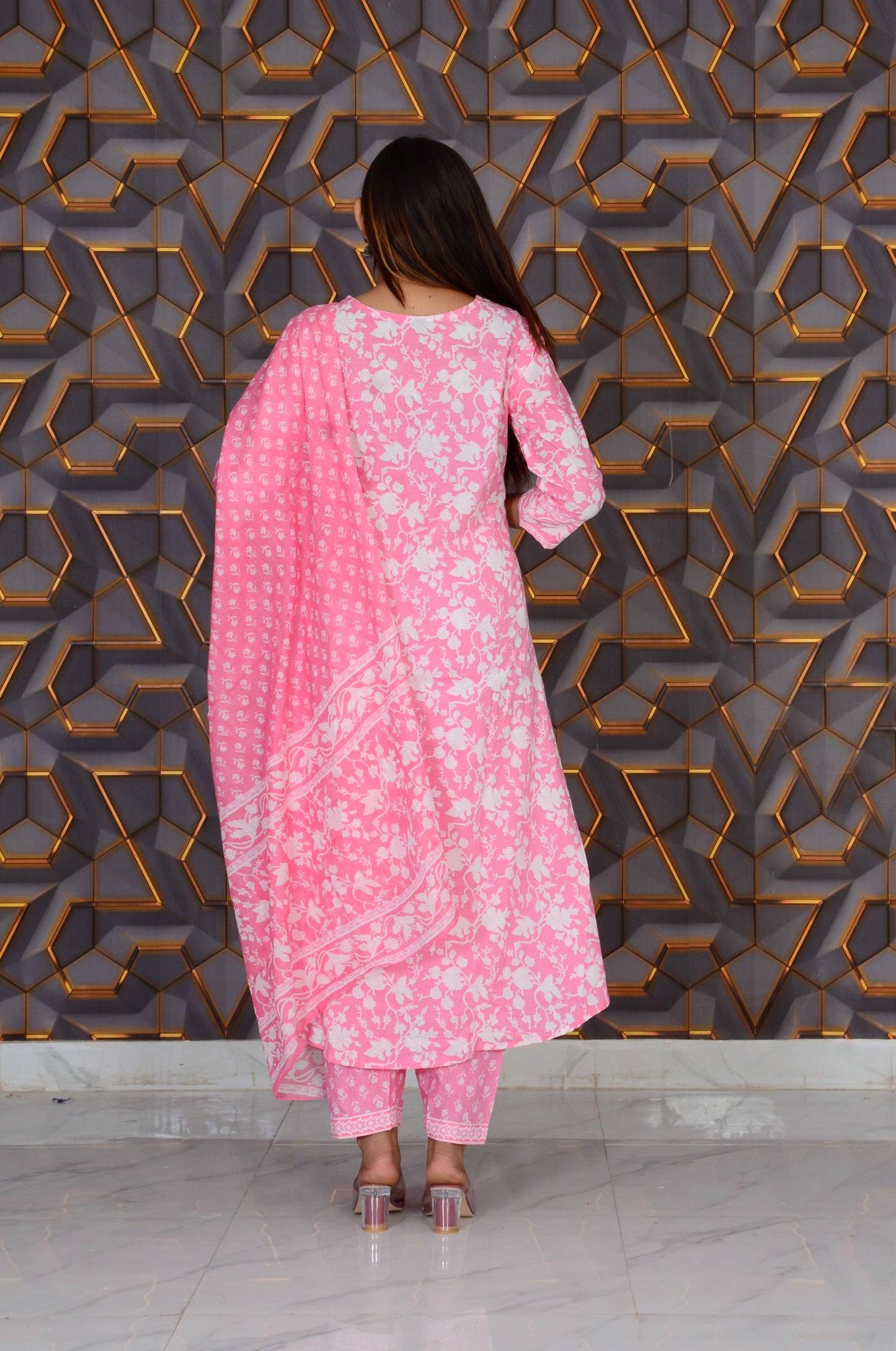 Pink Printed Cotton Embroidery Work Straight Kurti And Pant with Cotton Dupatta Set