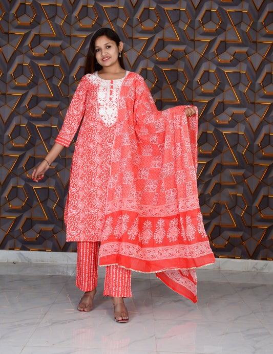 Orange Printed Cotton Embroidery Work Straight Kurti And Pant with Cotton Dupatta Set