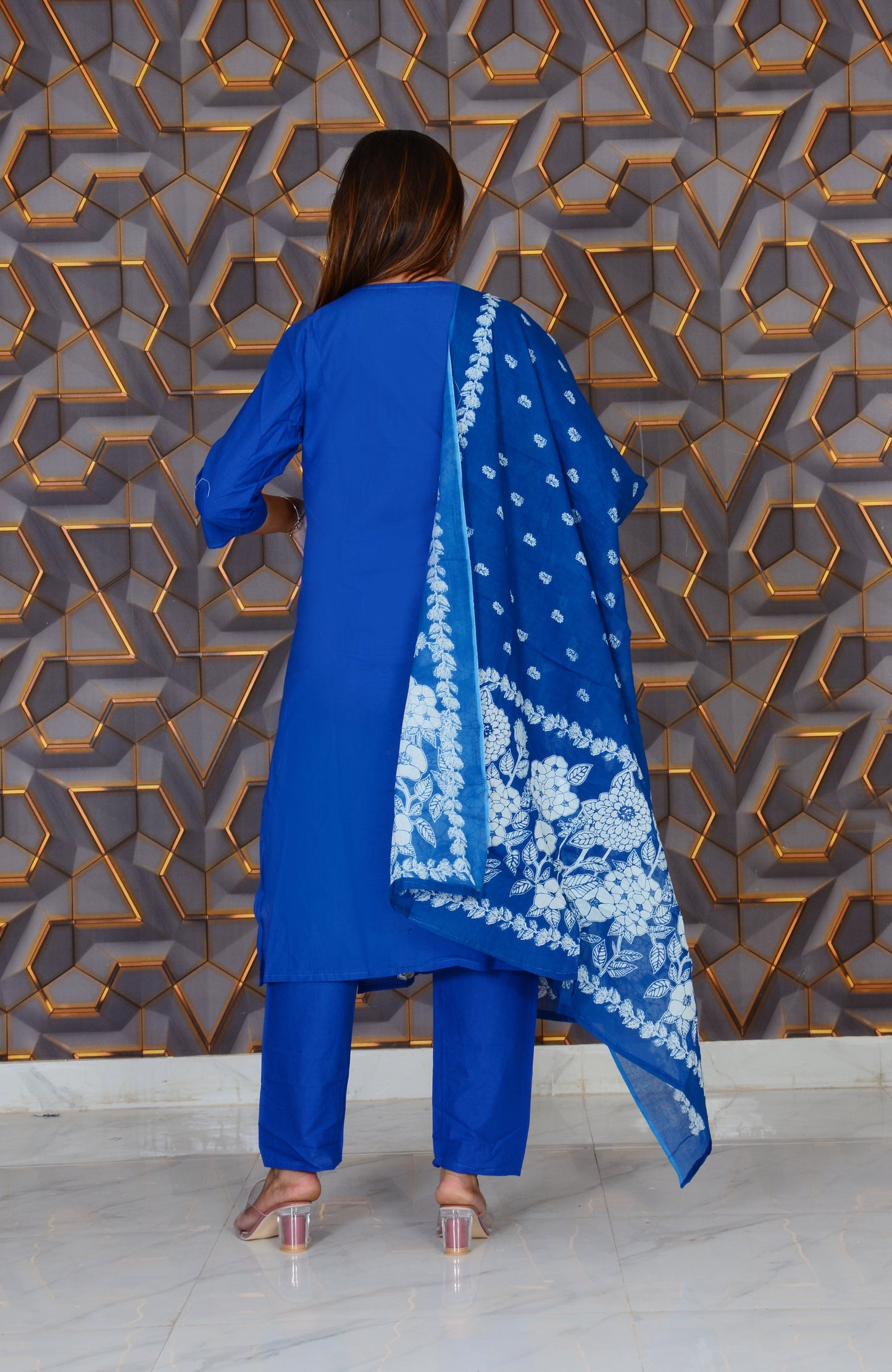 Blue Printed Cotton Embroidery Work Straight Kurti And Pant with Cotton Dupatta Set