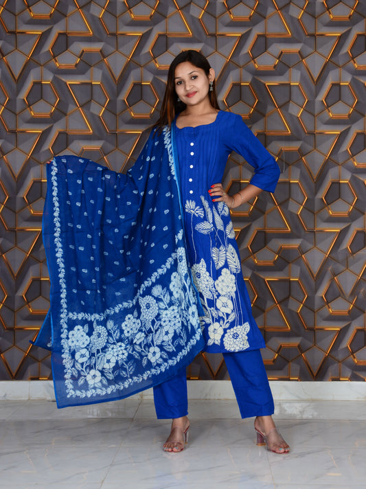 Blue Printed Cotton Embroidery Work Straight Kurti And Pant with Cotton Dupatta Set