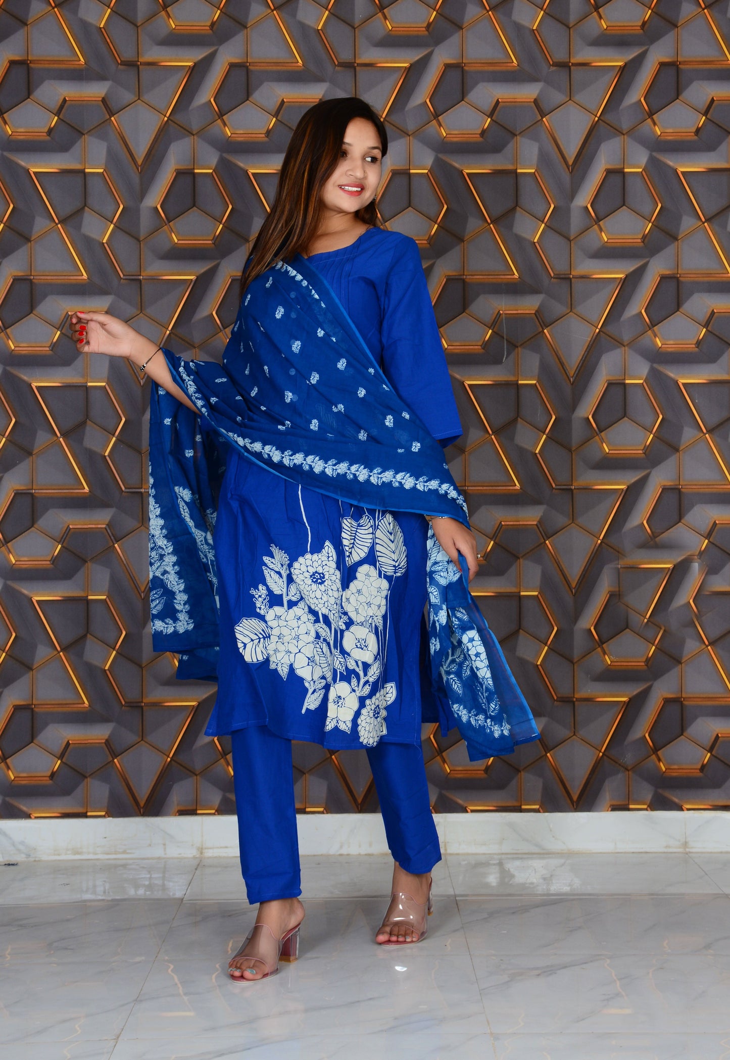 Blue Printed Cotton Embroidery Work Straight Kurti And Pant with Cotton Dupatta Set