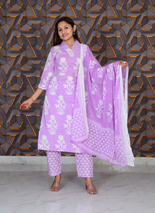 Purple Printed Cotton Embroidery Work Straight Kurti And Pant with Cotton Dupatta Set