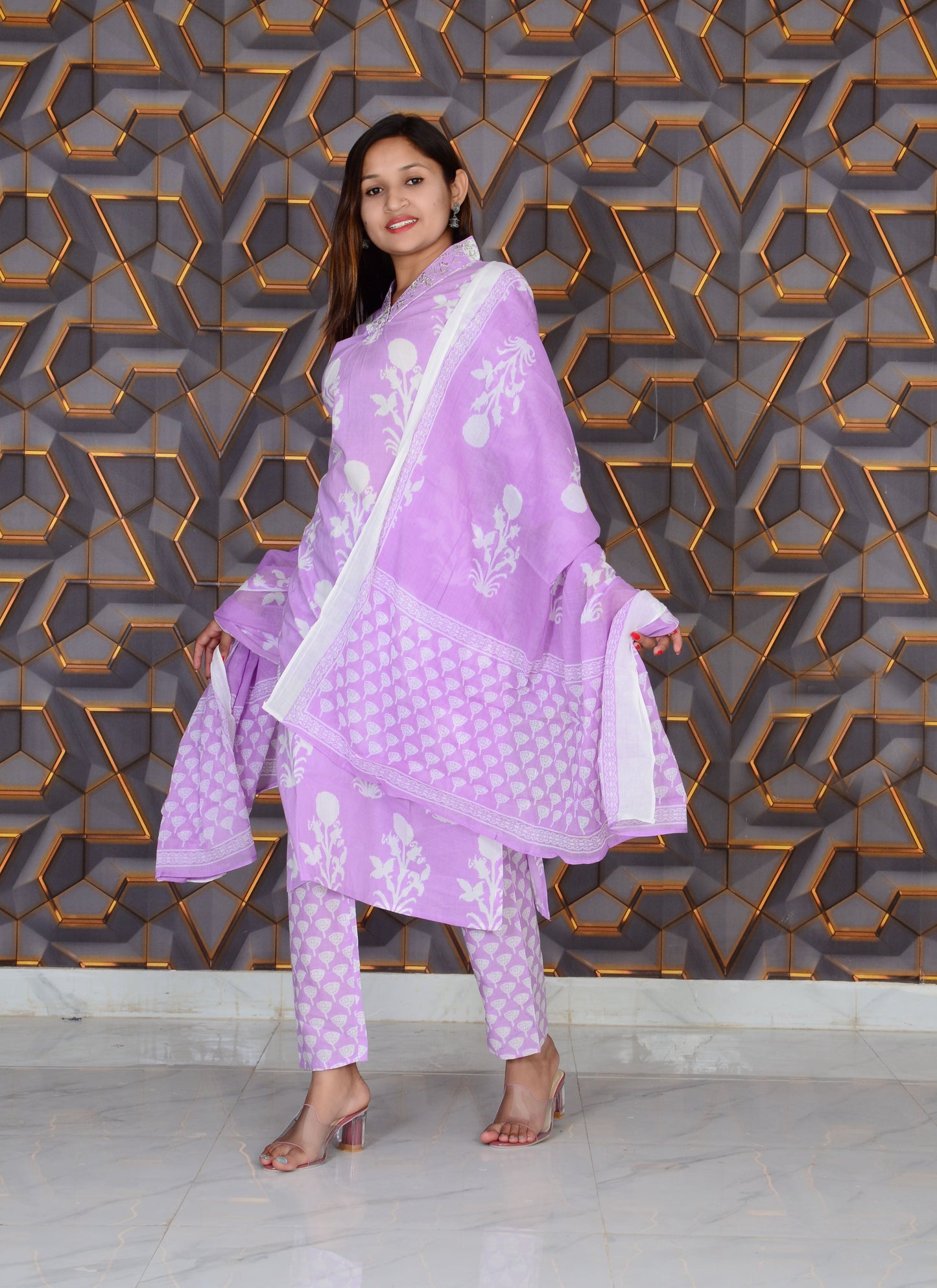 Purple Printed Cotton Embroidery Work Straight Kurti And Pant with Cotton Dupatta Set