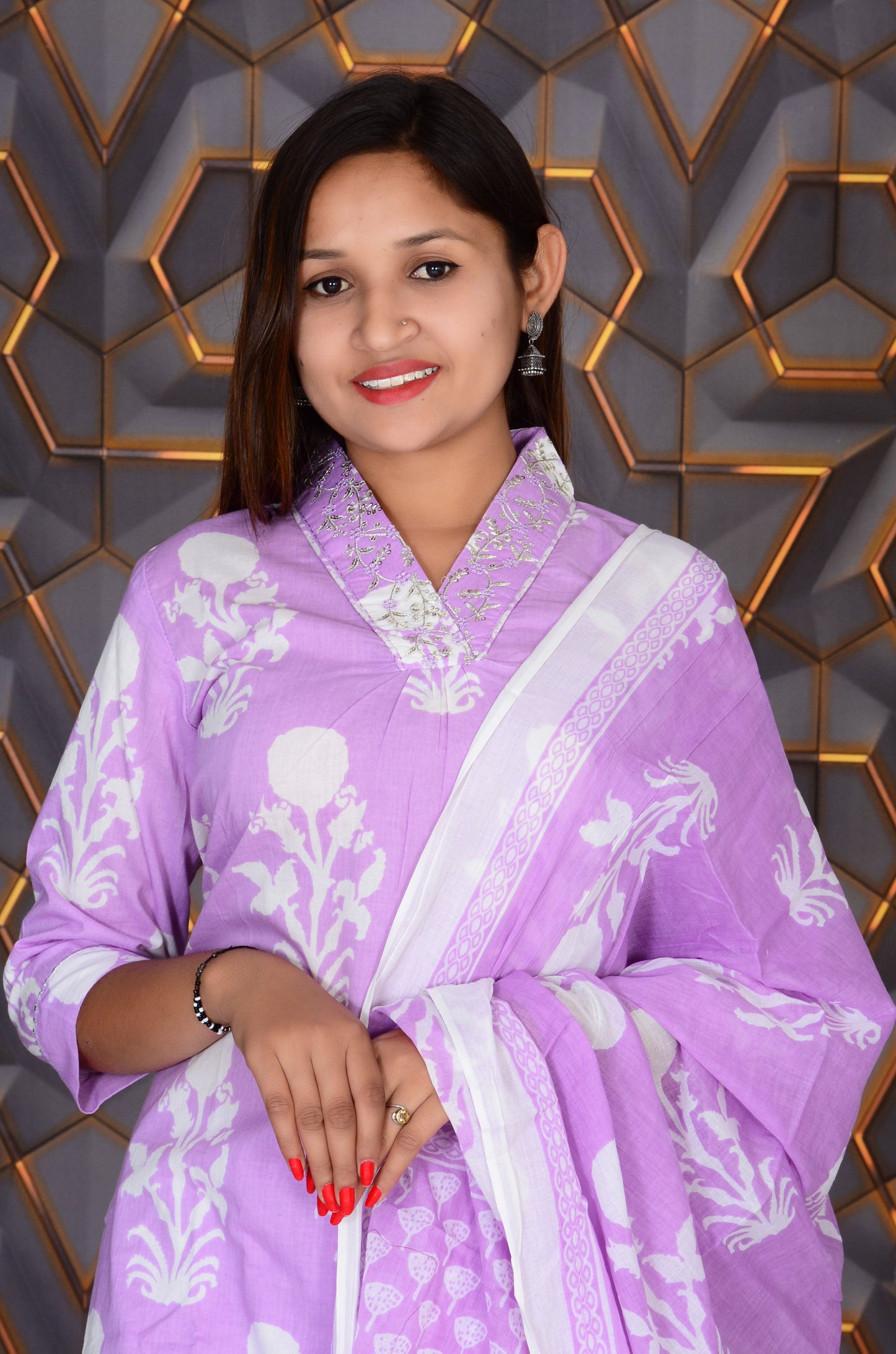 Purple Printed Cotton Embroidery Work Straight Kurti And Pant with Cotton Dupatta Set