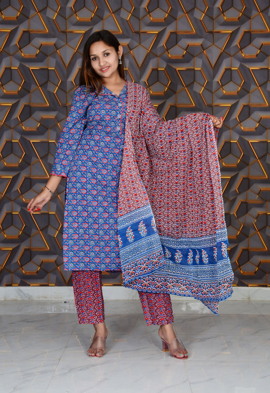 Blue Printed Cotton Embroidery Work Straight Kurti And Pant with Cotton Dupatta Set