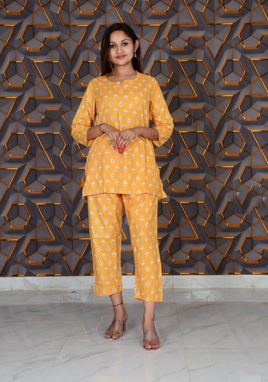 Yellow Printed Cotton  Straight  Kurti With Pant Set