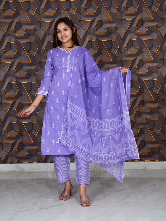 Purple Printed Embroidery Work Cotton Straight Kurti And Pant with Cotton Dupatta Set