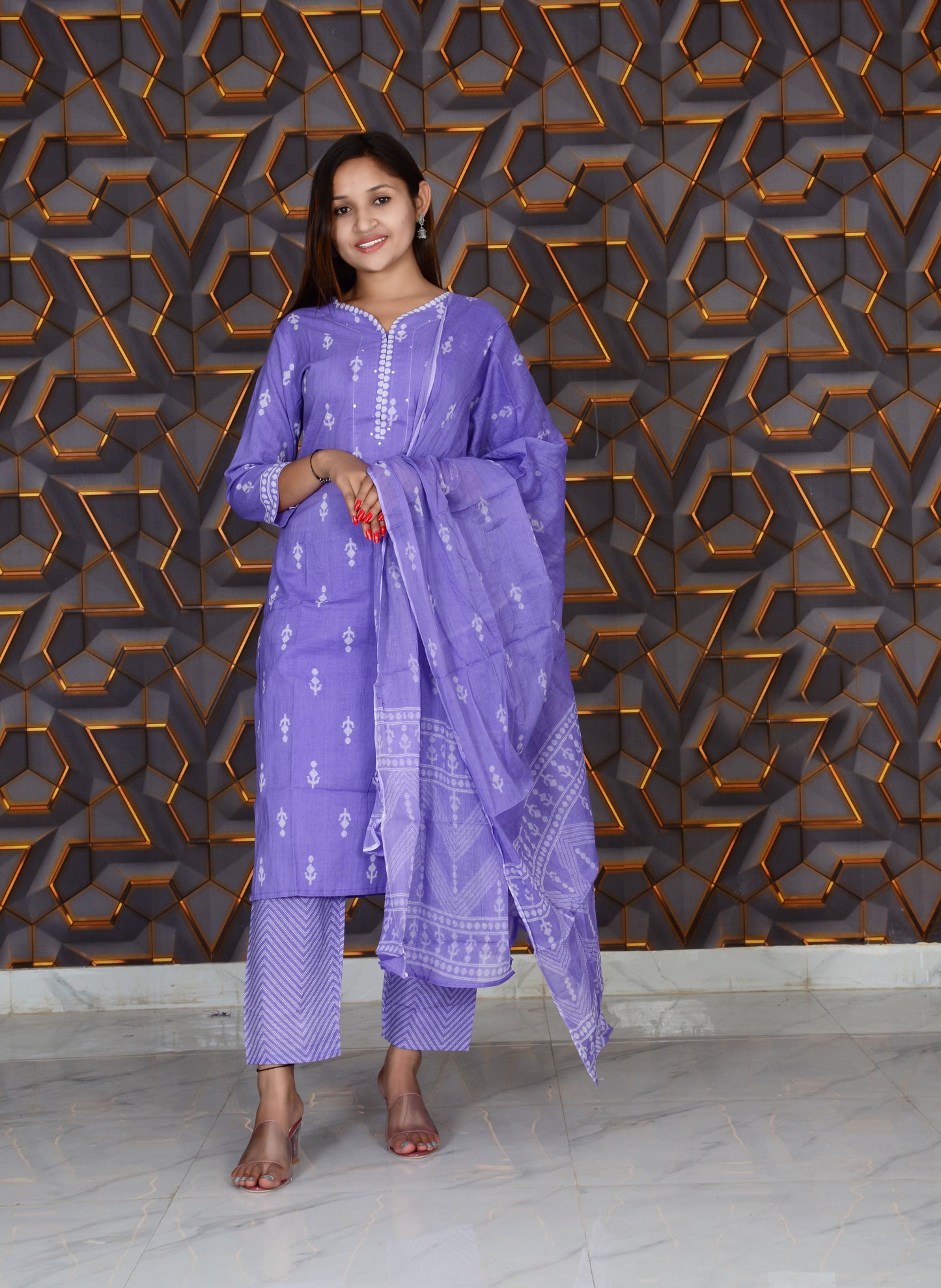 Purple Printed Embroidery Work Cotton Straight Kurti And Pant with Cotton Dupatta Set