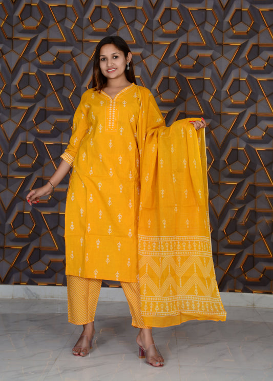 Yellow Printed Cotton Embroidery Work Straight Kurti And Pant with Cotton Dupatta Set