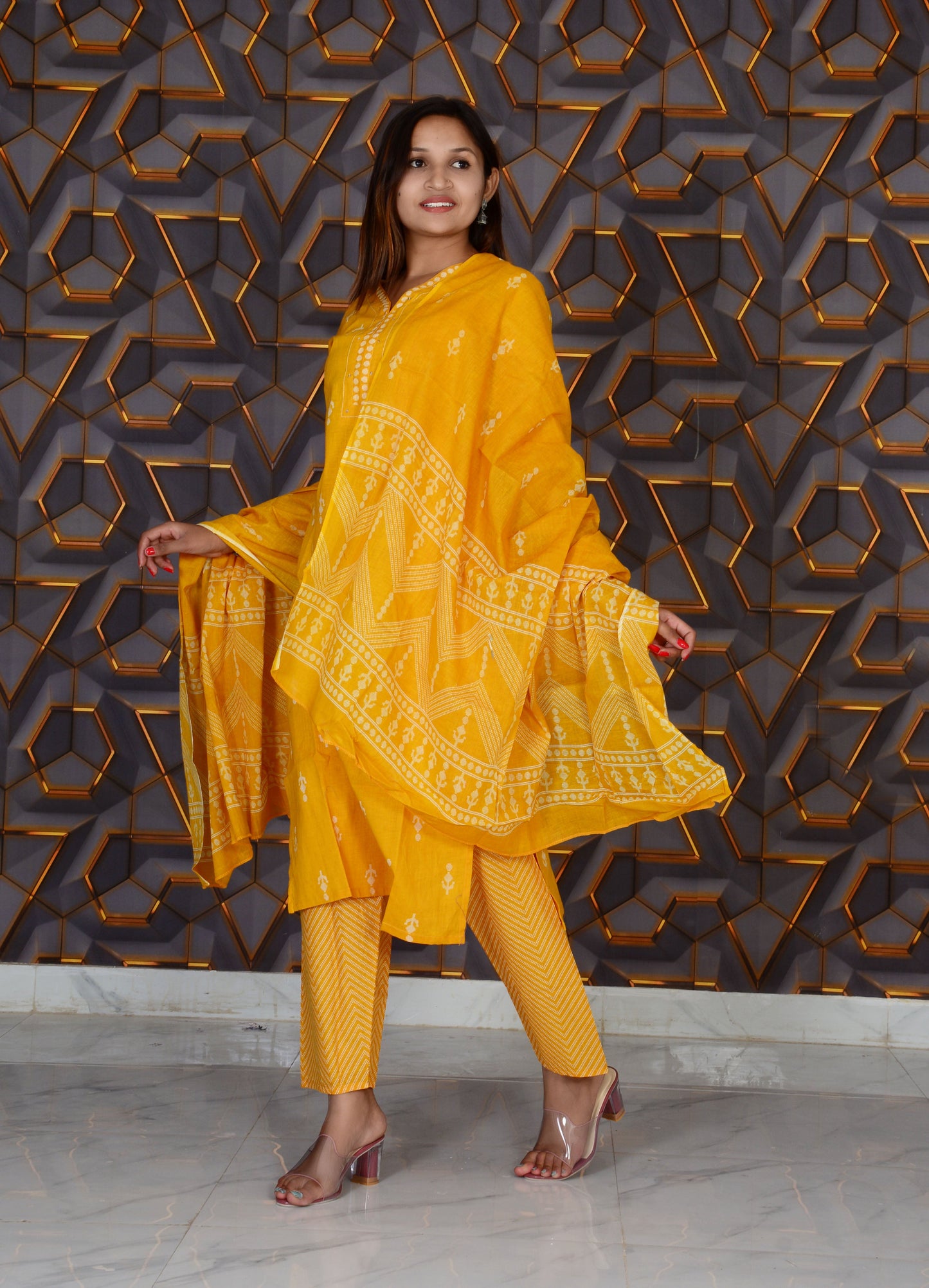 Yellow Printed Cotton Embroidery Work Straight Kurti And Pant with Cotton Dupatta Set