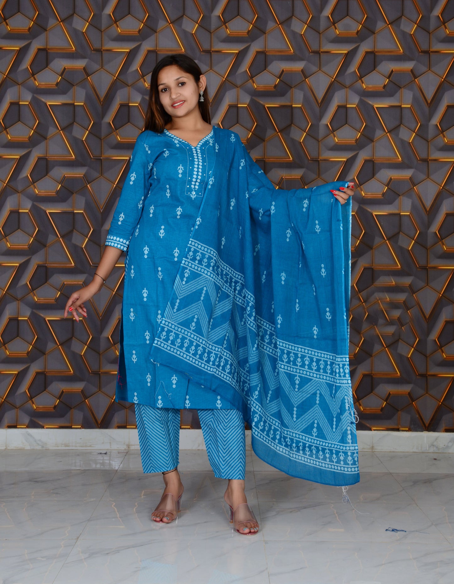 Blue Printed Cotton Embroidery Work Straight Kurti And Pant with Cotton Dupatta Set