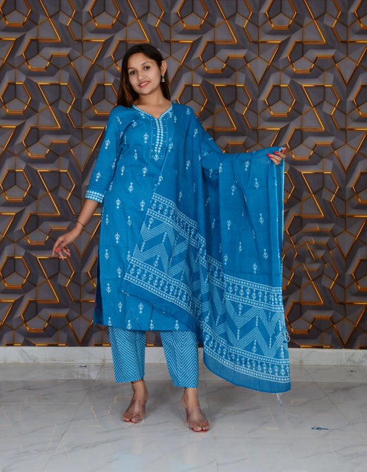 Blue Printed Cotton Embroidery Work Straight Kurti And Pant with Cotton Dupatta Set