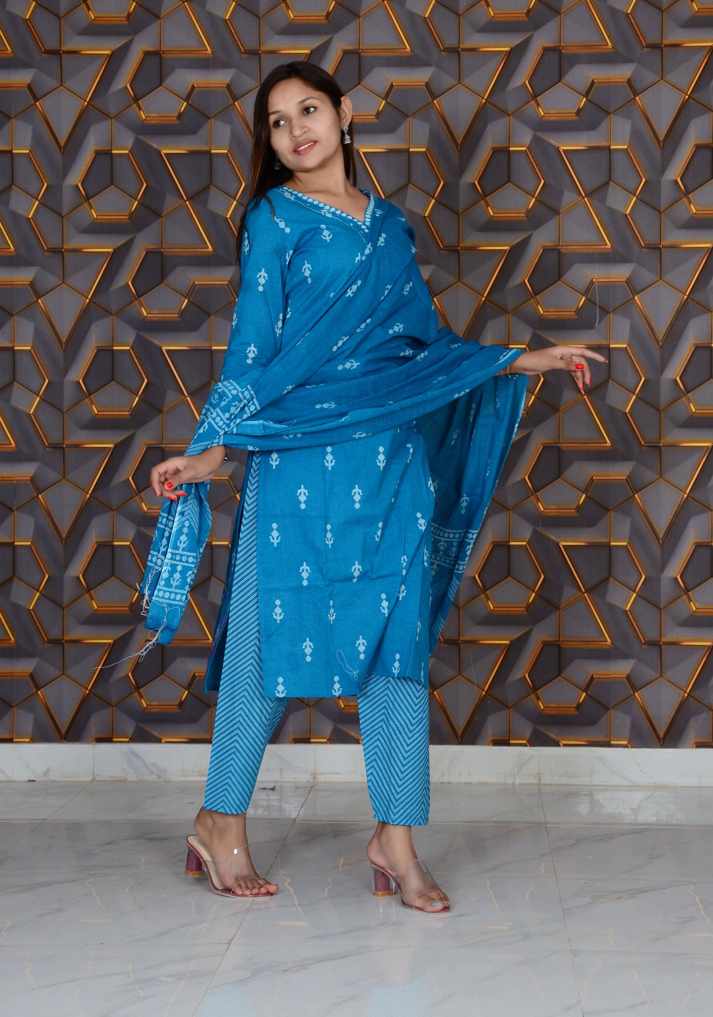 Blue Printed Cotton Embroidery Work Straight Kurti And Pant with Cotton Dupatta Set