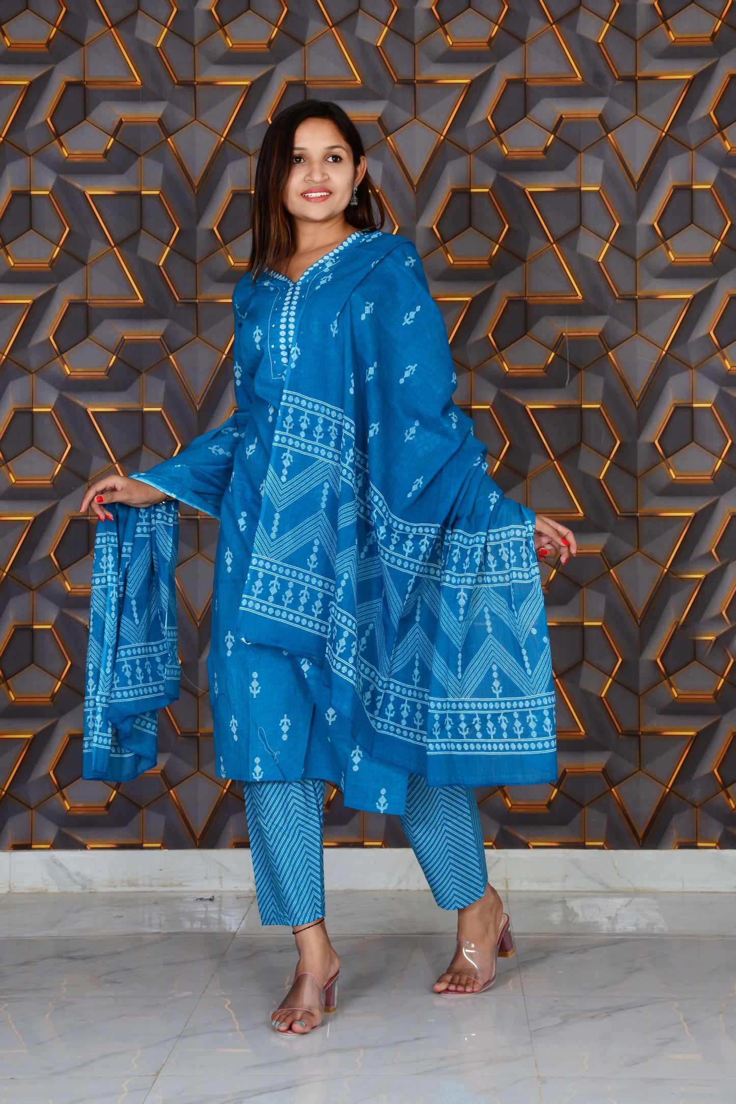 Blue Printed Cotton Embroidery Work Straight Kurti And Pant with Cotton Dupatta Set