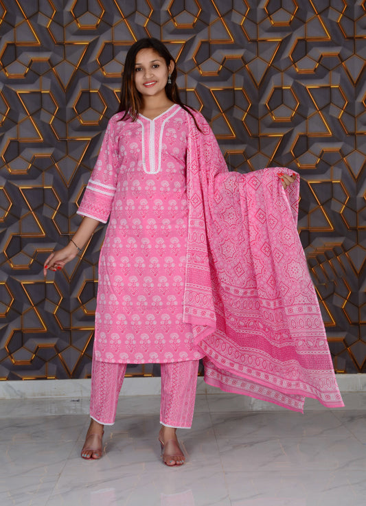 Pink Embroidery Work Printed Cotton Straight Kurti And Pant with Cotton Dupatta Set