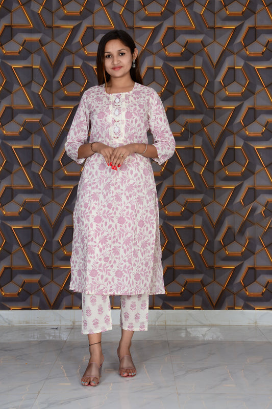 Purple Cotton Fabric Printed Embroidery Work Kurti And Pant Set