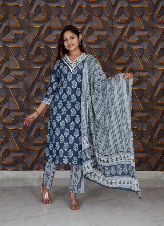 Blue Printed Cotton Embroidery Work Straight Kurti And Pant with Cotton Dupatta Set